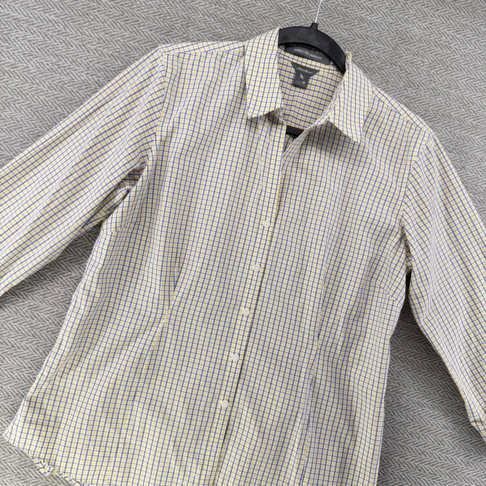 Eddie Bauer Button Down Shirt M Yellow Blue Plaid Wrinkle Free Shaped Fit Top